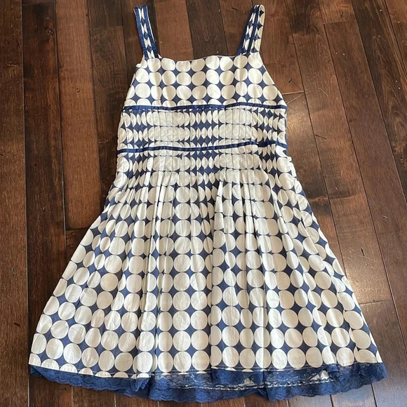 Gracia sleeveless mini dress Polka dot pleated Blue & cream Lined Size L Lined - Picture 13 of 15